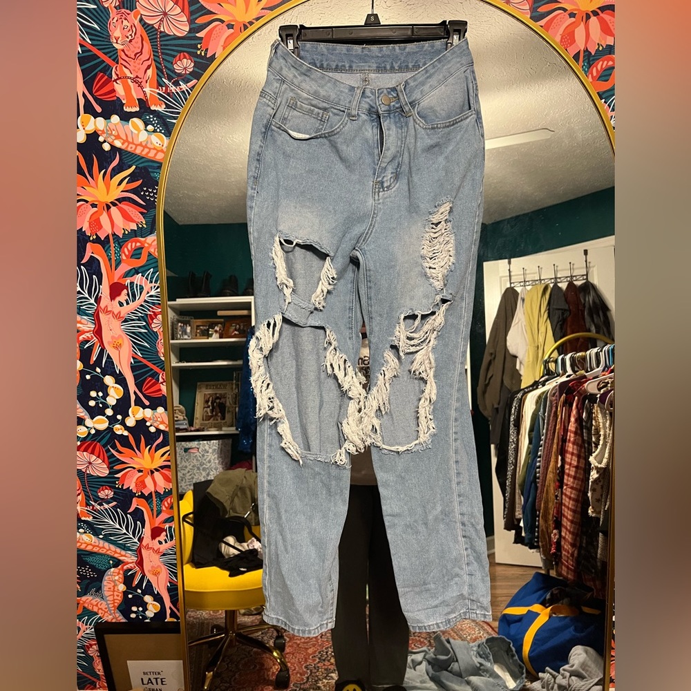 SHEIN ripped straight leg jeans